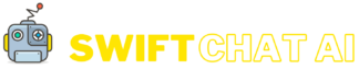SwiftChat AI Logo Blue Grey Robot With Yellow Ears and Company Logo Text in Yellow Saying SwiftChat AI